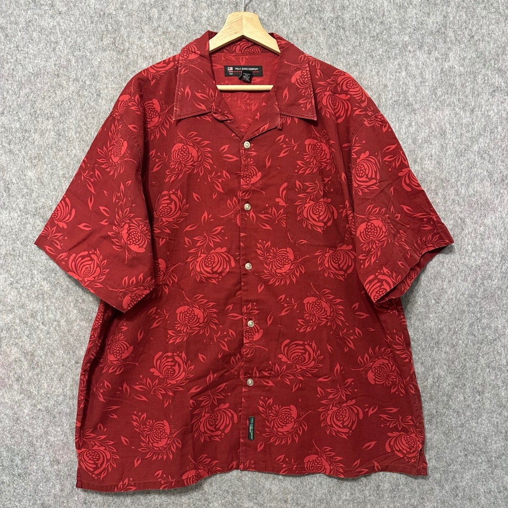Polo Jeans Co Button Down Mens‎ L Red Floral Hawaiian Short Sleeve Cotton Shirt